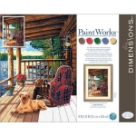 DIMENSIONS 91674 LOG CABIN PORCH ( CHAIR DOG LAKE SCENE ) PAINT BY NUMBER ( 14PULGX20PULG )