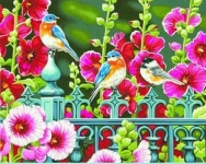 DIMENSIONS 91490 HOLLYHOCK GATE ( FLOWERS BIRDS ) PAINT BY NUMBER ( 14 PULGX11 PULG )