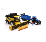 NEWRAY 05765 1:32 NEW HOLLAND HARVESTER W FARM TRACTOR TRAILER SET