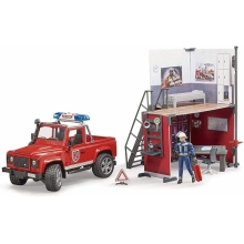 BRUDER 62701 BWORLD FIRE STATION WITH LAND ROVER DEFENDER AND FIREMAN