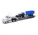 NEWRAY 16153 1:43 KENWORTH LOWBOY W NEW HOLLAND TRACTOR AND TRAILER