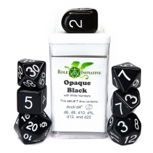 ROLE4 50103-7C SET OF 7 DICE TRANSLUCENT BLACK WITH ARCH D4 & WHITE INK