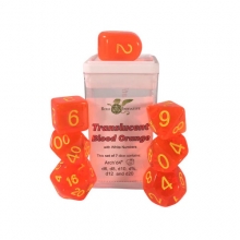 ROLE4 50123-7C SET OF 7 DICE TRANSLUCENT BLOOD ORANGE WITH ARCH D4 & YELLOW INK