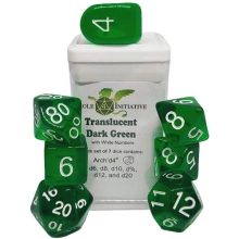 ROLE4 50110-7C SET OF 7 DICE TRANSLUCENT DARK GREEN WITH ARCH D4 & WHITE INK