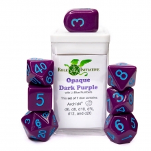 ROLE4 50115-7C SET OF 7 DICE TRANSLUCENT DARK PURPLE WITH ARCH D4 & BLUE INK