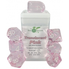 ROLE4 50120-7C SET OF 7 DICE TRANSLUCENT PINK WITH ARCH D4 & WHITE INK