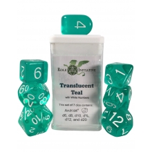ROLE4 50117-7C SET OF 7 DICE TRANSLUCENT TEAL WITH ARCH D4 & WHITE INK